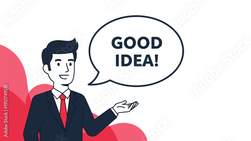 Professional man in suit pointing to speech bubble with good idea text for business inspiration and creative thinking.