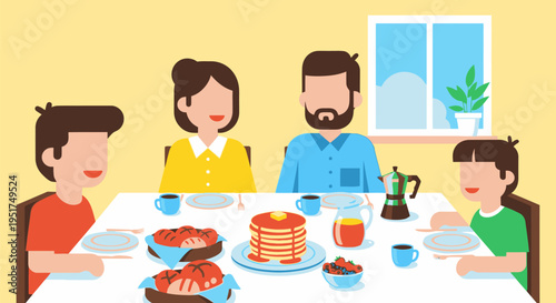 Family having a lovely breakfast together at home with pancakes