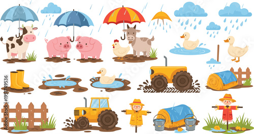 Farm animals in rainy weather with umbrellas mud puddles tractor scarecrow rural countryside cartoon vector illustration set