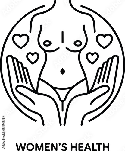 Minimalist line art woman health logo icon featuring female torso with hearts and supportive hands for medical wellness branding.