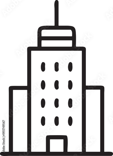 Isolated vector illustration of a wheelchair and a modern building featuring a wireless radio antenna and electrical power equipment on a white background