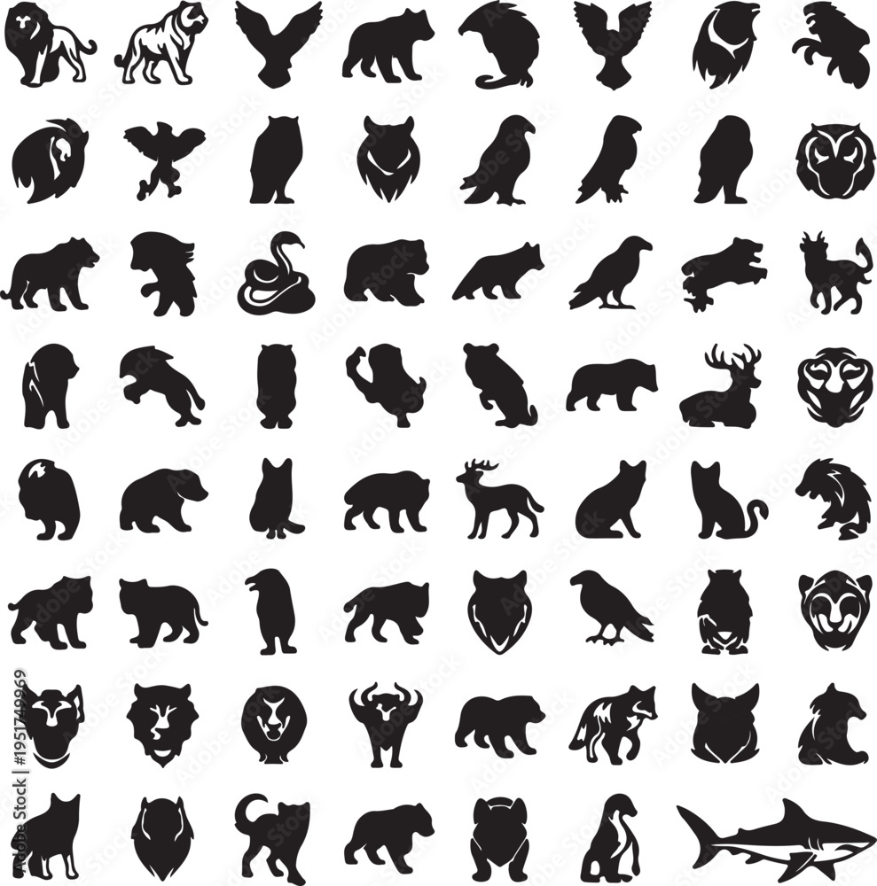 Obraz premium A large collection of black silhouette illustrations of various wild and domestic animals, including mammals, birds, and reptiles, arranged in a grid.