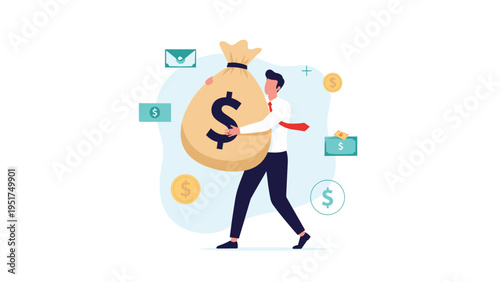 Strong man in business attire carrying a giant heavy sack full of money marked with a dollar sign for wealth concept.