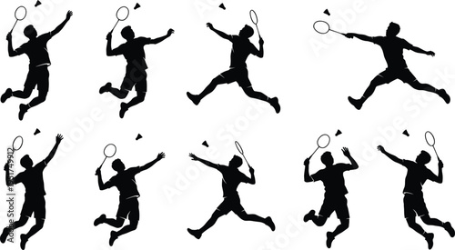 Dynamic silhouettes of badminton players performing powerful jump smashes and overhead shots with shuttlecock in motion
