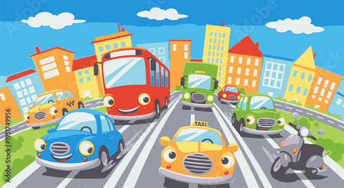 Vehicles travel down a city street with cars and buses