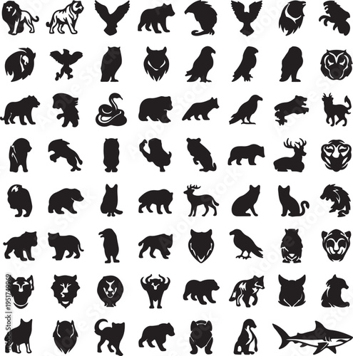 A large collection of black silhouette illustrations of various wild and domestic animals, including mammals, birds, and reptiles, arranged in a grid.