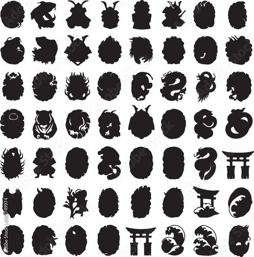 A collection of black silhouettes featuring various Japanese cultural and mythical elements, including samurai helmets, dragons, tigers, torii gates, and stylized waves.