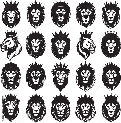 A collection of black and white vector illustrations featuring various lion heads, many adorned with crowns, showcasing different styles and profiles.