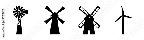 Silhouette wind turbines windmills illustration renewable energy power generation black and white art
