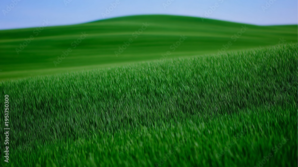 Obraz premium A vast Kentucky pasture in spring, rolling hills covered in blue-green grass with a silky sheen under soft sunlight, peaceful landscape,