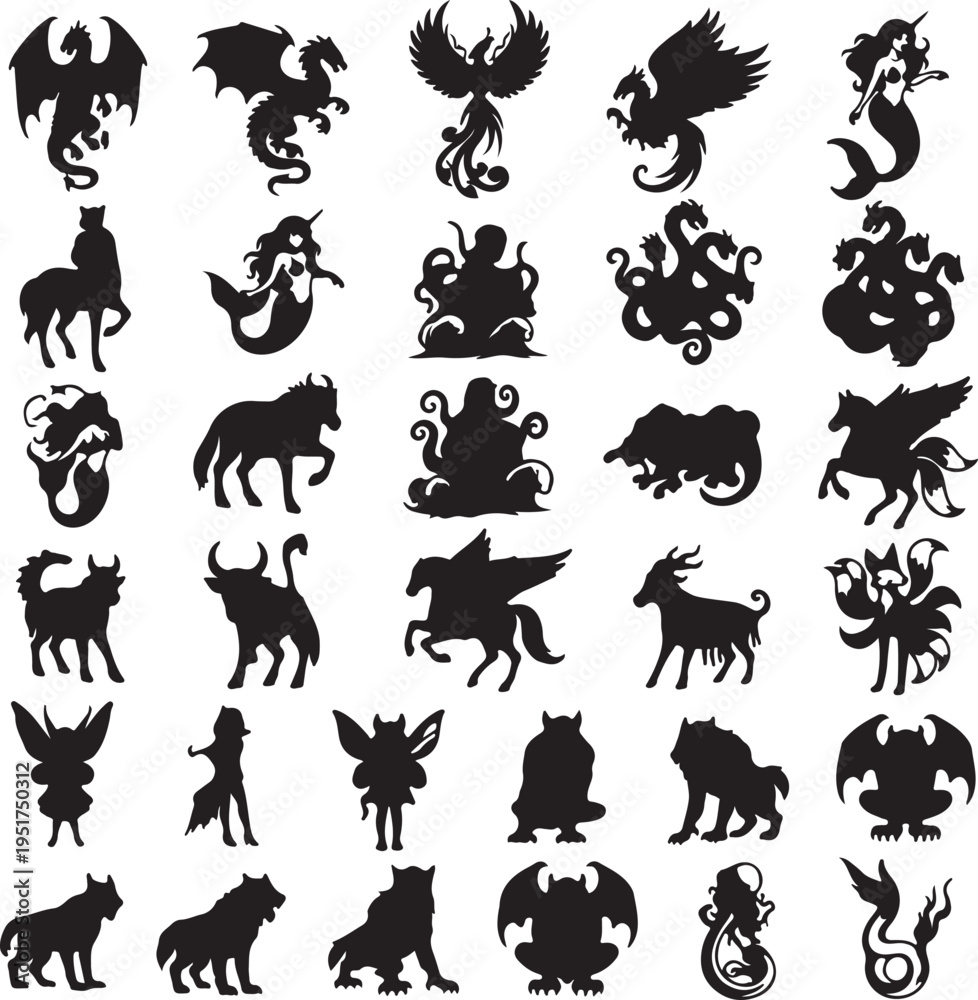 Naklejka premium A collection of black silhouettes depicting various mythical creatures and fantasy beasts from folklore and legends.
