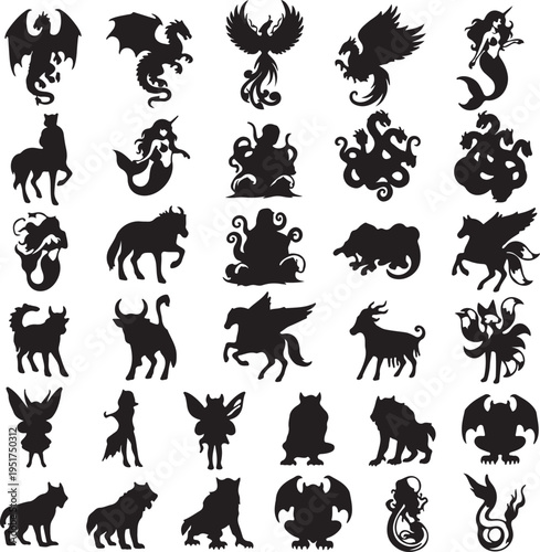 A collection of black silhouettes depicting various mythical creatures and fantasy beasts from folklore and legends.