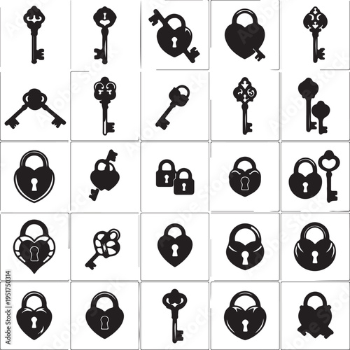 A collection of black and white illustrations featuring various keys and heart-shaped locks, showcasing different designs and styles.
