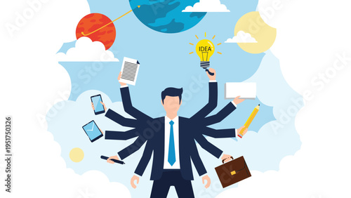 Overworked businessman with many arms managing various tasks against a blue sky background with planets and clouds.