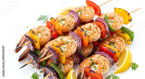 Grilled shrimp skewers on wooden sticks seafood food. AI GENERATED.