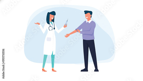 Doctor holding a syringe preparing to vaccinate a smiling patient receiving medical injection for healthcare and treatment