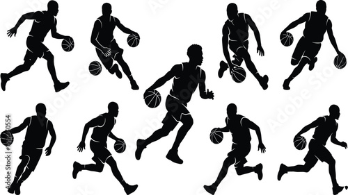 Dynamic silhouettes of basketball players dribbling, running, and performing athletic moves in action sports illustration on white background