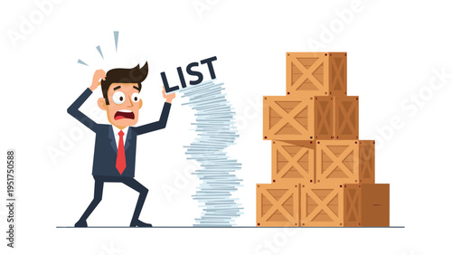 Stressed businessman looking at a very long to do list next to a stack of wooden crates in a warehouse setting.