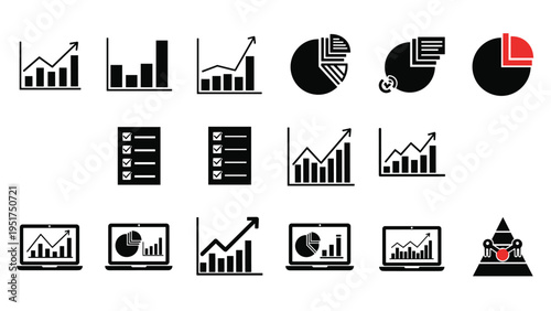 Comprehensive set of black business icons featuring various data charts, checklists, folders, and laptop screens.