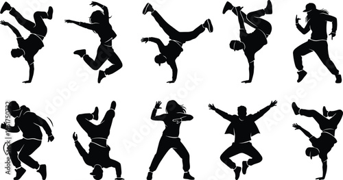 Dynamic silhouettes of breakdancers performing energetic hip-hop street dance moves, showcasing athleticism, creativity, and urban culture expression.