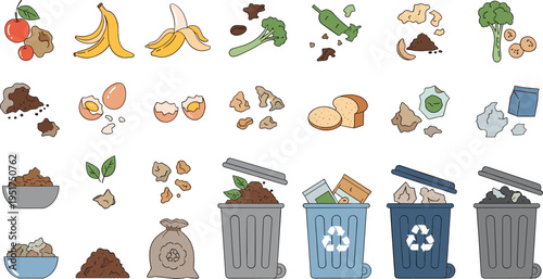 Food waste sorting and recycling process with organic scraps compost and trash bins eco cartoon vector illustration set