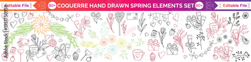 Coquette hand drawn Spring elements. Minimalist art sketch whimsical lines. Vector blossom meadow and garden flowers, bows, floral décor, watering can, bird, leaves and herb, strawberry, icon set.