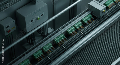 Automated Production Line with Green Cylindrical Products Moving on Conveyor Belt.