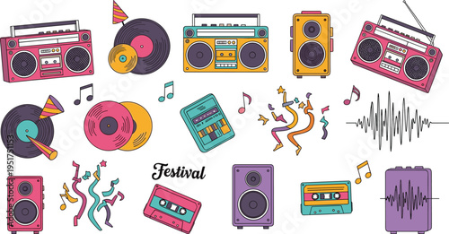 A Set of Colorful Music Festival Icons Featuring Cassette Tapes, Boomboxes, Vinyl Records, and Sound Waves