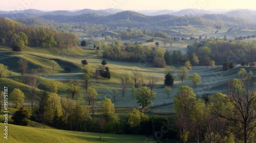 A vast Kentucky pasture in spring, rolling hills covered in blue-green grass with a silky sheen under soft sunlight, peaceful landscape,
