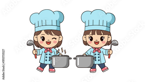 two young female chefs cooking together in kitchen vector illustration