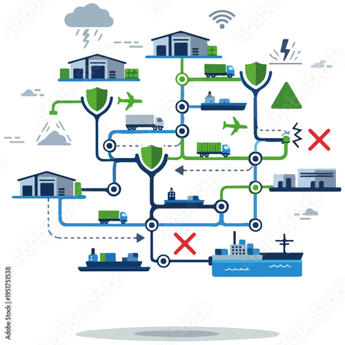 Supply Chain Logistics Network Flowchart Flat Vector Illustration Template