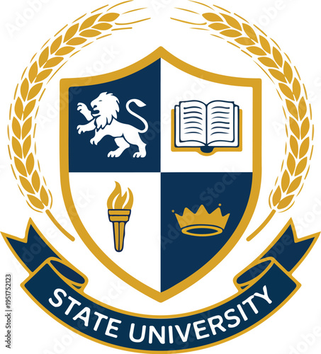Elegant state university crest vector featuring a gold shield with lion book torch crown icons and wheat laurel wreath.