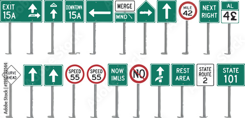 Large collection of green and white highway road signs set with speed limits exit directions and traffic navigation symbols.