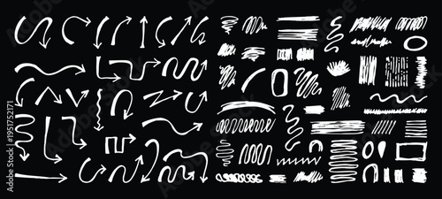 Collection of white abstract shapes and lines on a black background