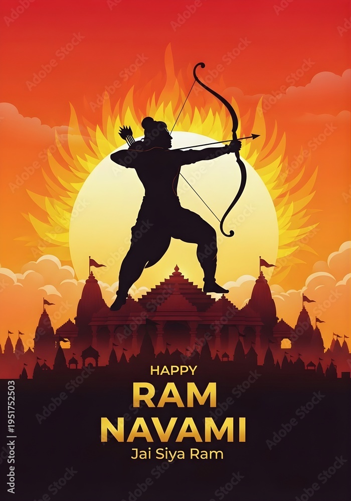 Naklejka premium Happy Ram Navami Greeting with Lord Rama Silhouette and Ayodhya Temple