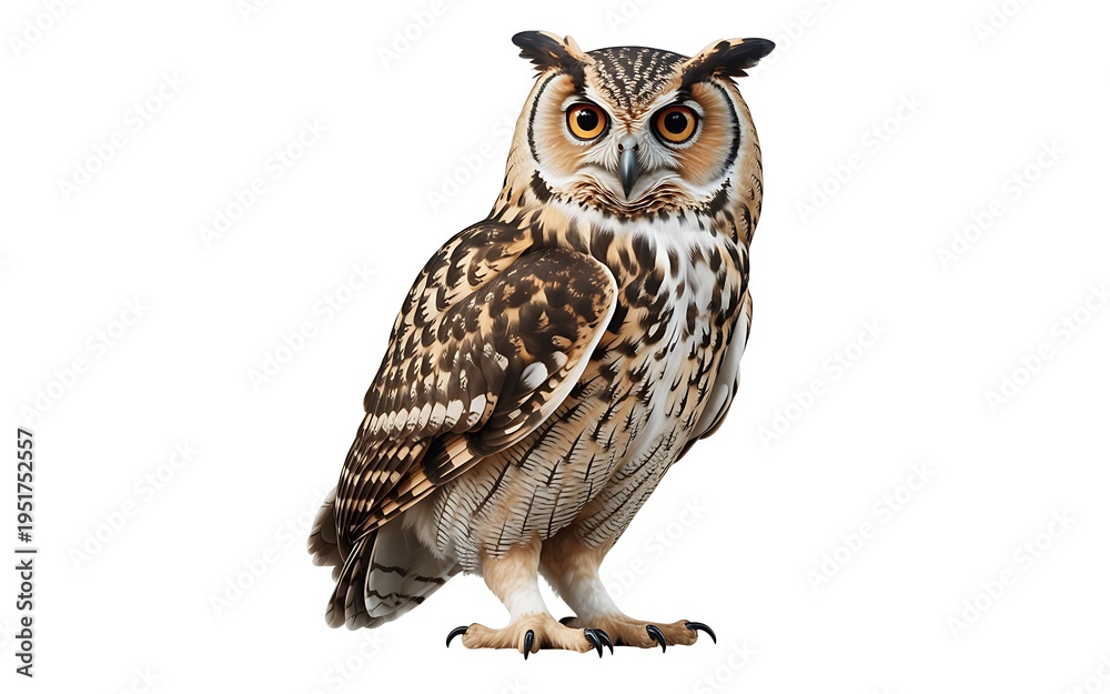 Obraz premium A portrait of a wise great horned owl and Eurasian eagle owl, wild nocturnal bird of prey predators with brown feathers and sharp eyes, isolated on white as a majestic nature wildlife hunter