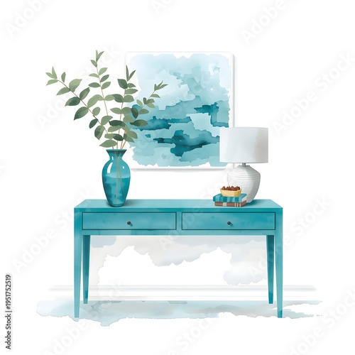 Watercolor illustration of a teal-colored console table with decorative items and a painting hanging above it. 
