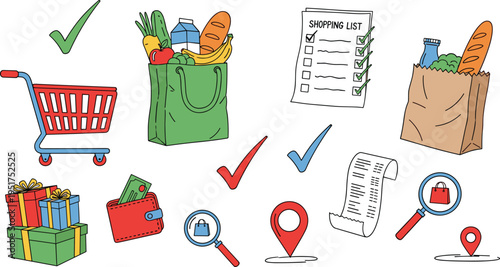 A Set of Colorful Shopping Icons Including Carts, Bags, Lists, Checkmarks, and Magnifying Glass for Retail and E-commerce Themes