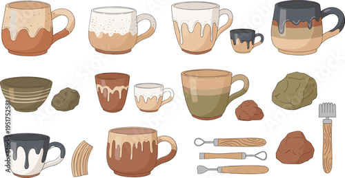 Handmade pottery mugs bowls clay tools and ceramic crafting elements artisan studio vector illustration set