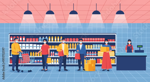 Illustration of diverse people shopping and checking out at a colorful retail store with shelves of products and hanging lamps