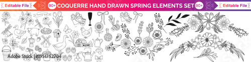 Coquette hand drawn Spring elements. Minimalist art sketch whimsical lines. Vector blossom meadow and garden flowers, bows, floral décor, watering can, bird, leaves and herb, strawberry, icon set.