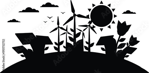 Alternative green energy concept featuring wind turbines and solar panels with natural elements like flowers and sun for eco friendly environmental sustainability.
