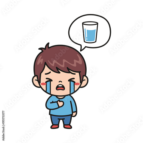 crying child with water needs vector illustration, emotional dehydration concept flat design