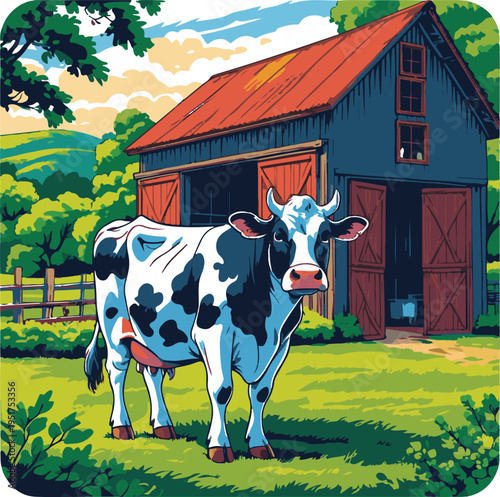 Colorful bold line art sticker of a cow standing beside a barn, farm scene, thick outline, white background 3