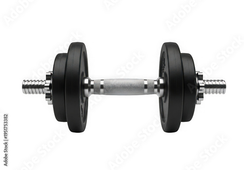 Adjustable dumbbell with black weight plates and silver handle isolated on transparent background
