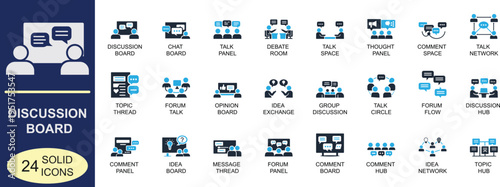 Modern solid discussion board icon set featuring forum, comment, message and community interaction symbols in bold vector style for web, mobile apps, dashboards and collaboration platforms.