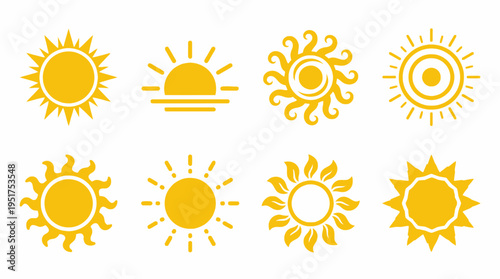 Vector Sun Icons Set – Stylized Yellow Sun Designs with Rays, Circles, Spirals – Minimal Flat Graphic Art for Weather, Nature, Climate, Energy Vector Illustration