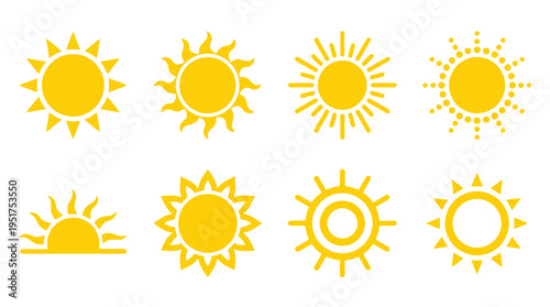Vector Sun Icons Set – Stylized Yellow Sun Designs with Rays, Circles, Spirals – Minimal Flat Graphic Art for Weather, Nature, Climate, Energy Vector Illustration