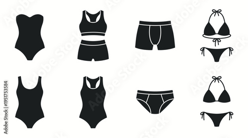 Swimwear & Undergarments Vector Silhouettes Set – Strapless One-Piece, Sports Bra, Boxer Shorts, Halter Bikini, Scoop Neck, Racerback, Briefs, Triangle Bikini Vector Illustration
