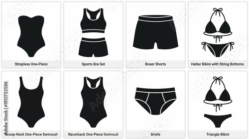 Swimwear & Undergarments Vector Silhouettes Set – Strapless One-Piece, Sports Bra, Boxer Shorts, Halter Bikini, Scoop Neck, Racerback, Briefs, Triangle Bikini Vector Illustration